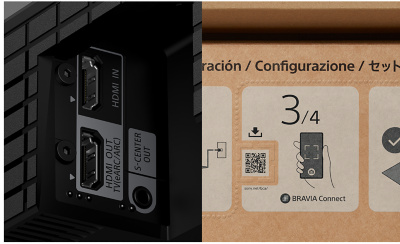 Two way image split of tactile markers indicating input and output ports, and packaging with tactile markers framing a QR code